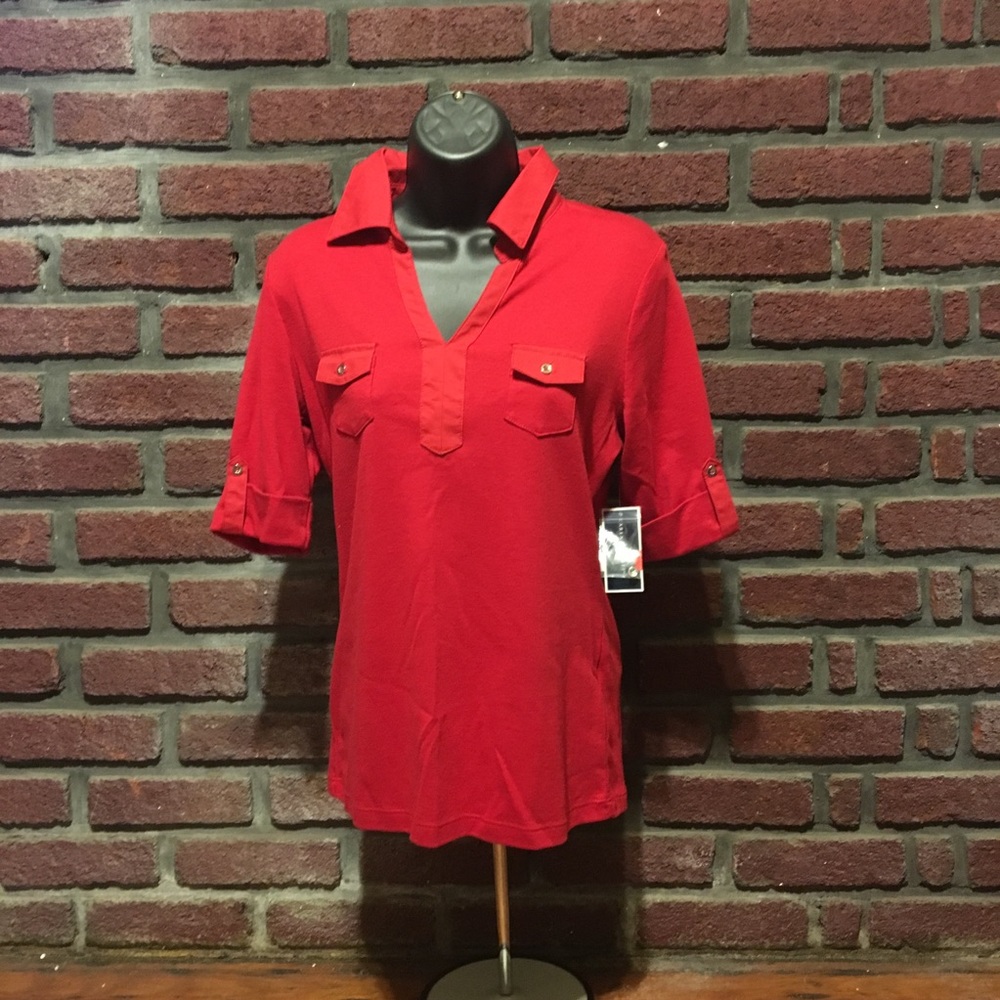 Red Karen Scott Short Sleeve Collared Shirt